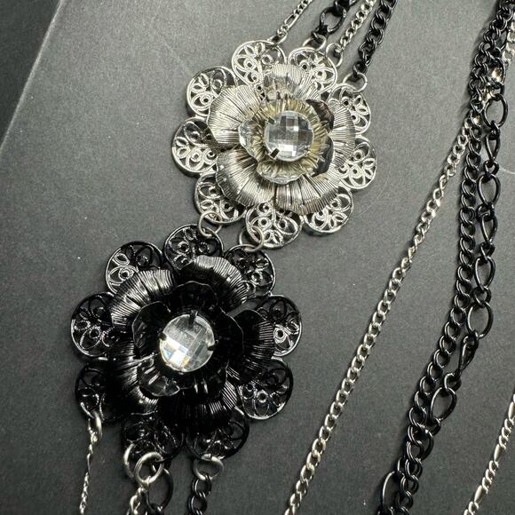 Silver Tone Black Metal Rose Layered Art Deco Goth Statement Necklace - Picture 2 of 5